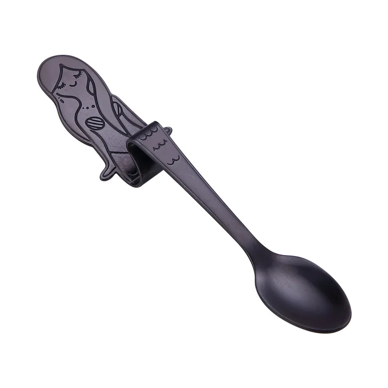 Hangable маленький мини 304 нержавеющая сталь Русалка кофе ложка для перемешивания чай Ложка десертная посуда золото - Цвет: black