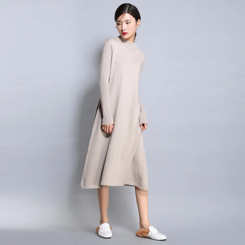 2018 осенне зимнее женское вязаное платье с высоким воротником однотонное
