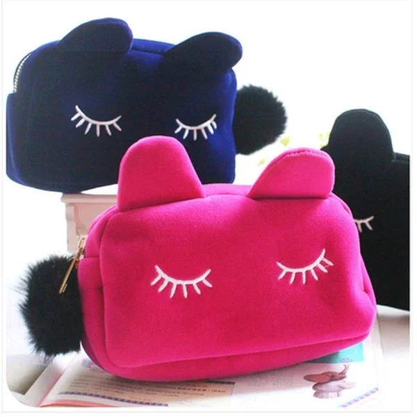 Colorful Cartoon Cat Design Coin Storage Case Travel Makeup Flannel Pouch Cosmetic Bag | Багаж и сумки