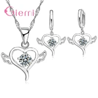 cute love heart angel wings shape necklace earrings 925 sterling silver jewelry set for woman bridal wedding party bijoux