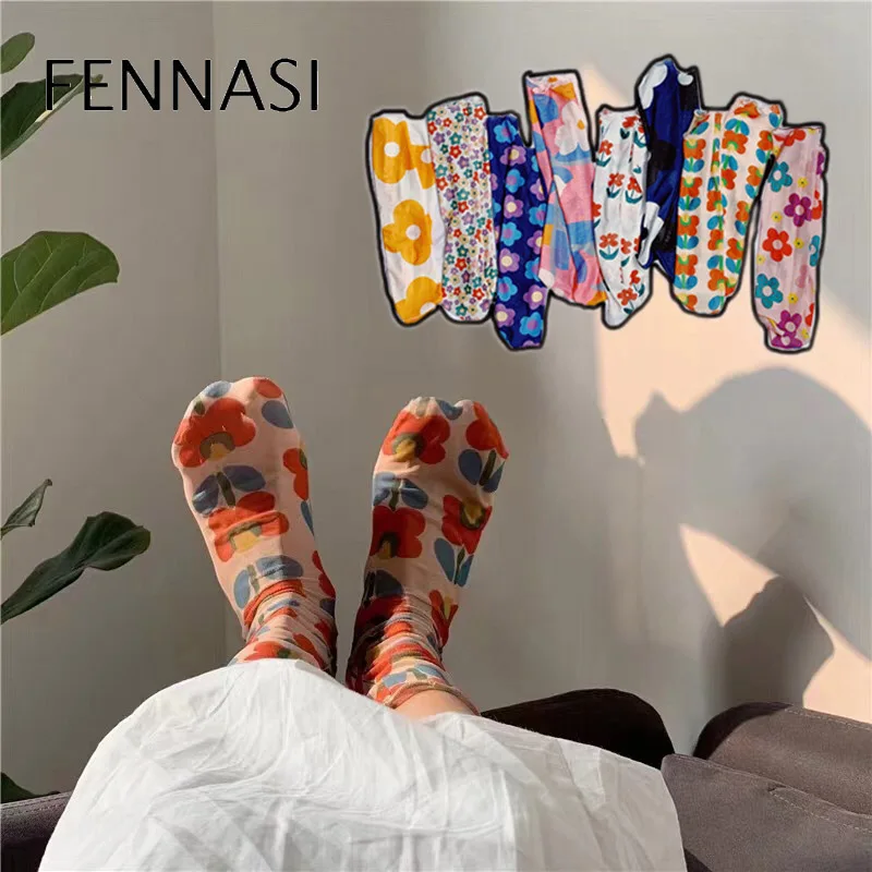 FENNASI/2 пары женские черные носки с цветочным принтом прозрачные свободные