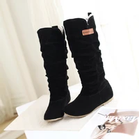 women lace nubuck flat heels winter snow boots shoes womens flock plush padded winter long riding motorcycle boots shoes