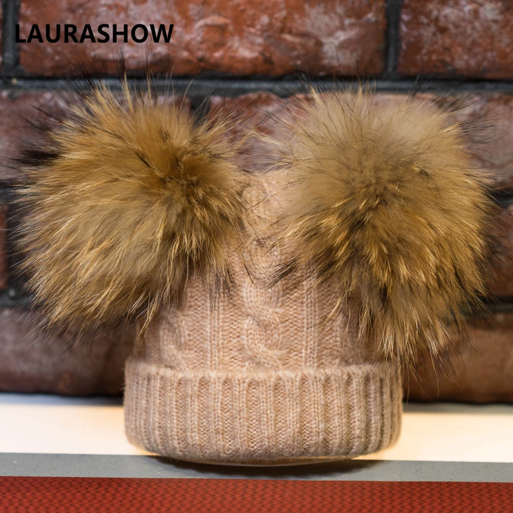 LAURASHOW/шапка с двойным меховым помпоном для мамы и ребенка, шапка с помпонами из норки и енота, зимняя теплая шапка для женщин и девочек, Вязаная Шапка-бини, вязаная шапка