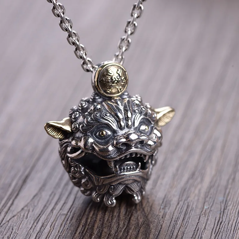 S925 silver retro craft male six-character truth-speaking beast bell pendant free shipping