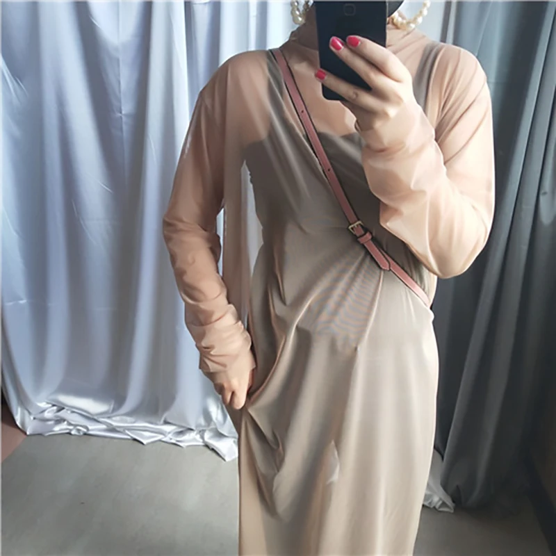 [EAM] New Autumn Winter High Collar Long Sleeve Black Mesh Perspective Colorful Long Big Size Dress Women Fashion JU790