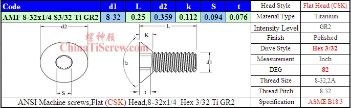 

Titanium screws 8-32x1/4 Flat CSK Head Hex 3/32 Driver Ti GR2 Polished 50 pcs