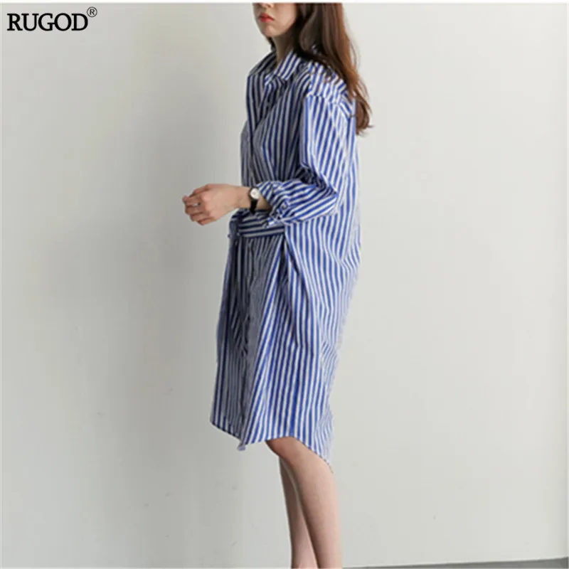 Rugod Blue Striped Tunic Shirt Dress Women Long Sleeve Elegant Straight Female Cusual Summer Office Ladies Vestidos | Женская одежда
