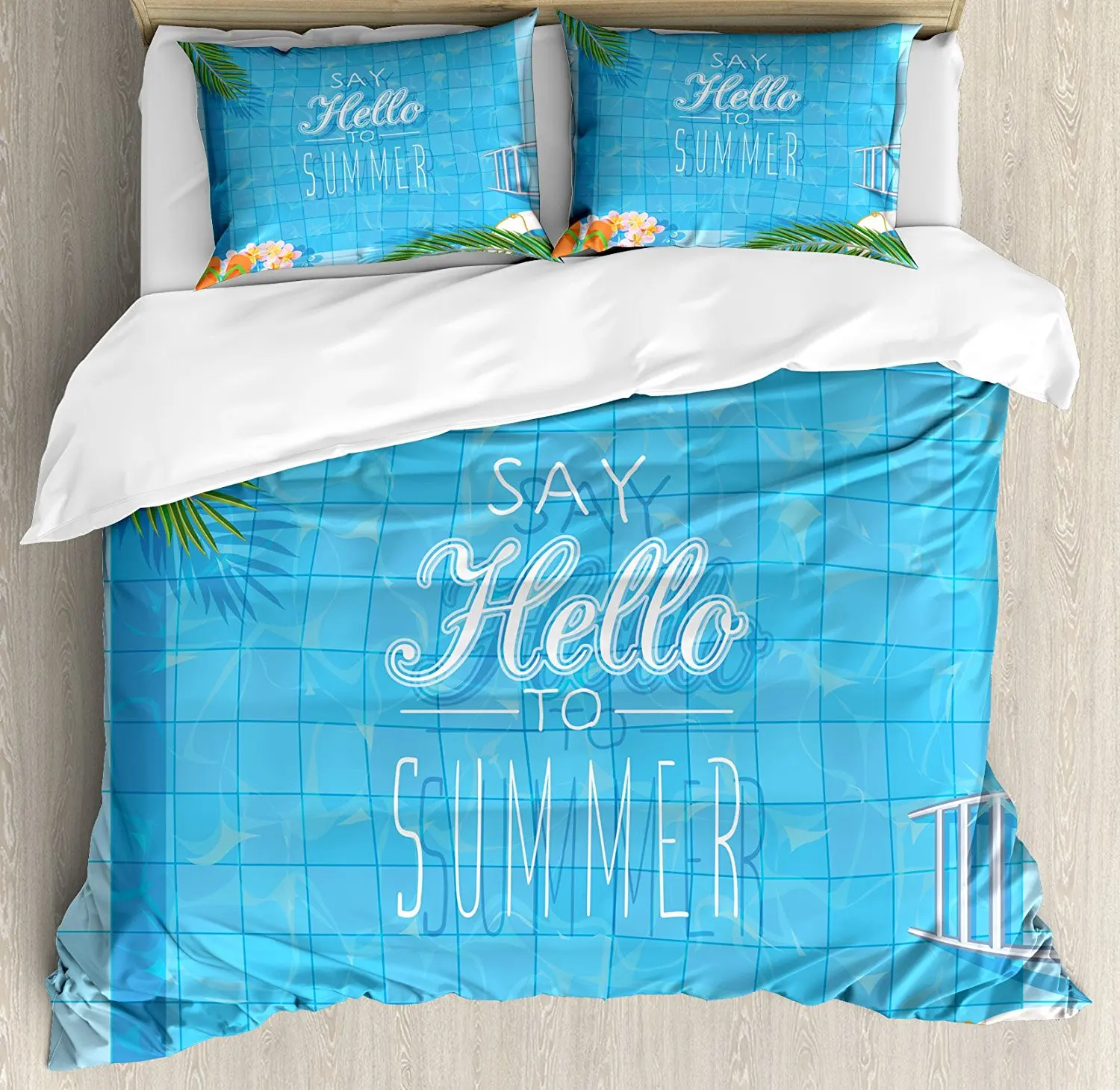 Quote Duvet Cover Set Say Hello to the Summer Slogan on a Pool with Ladder Flip Flops and Flowers Design 4 Piece Bedding | Дом и сад