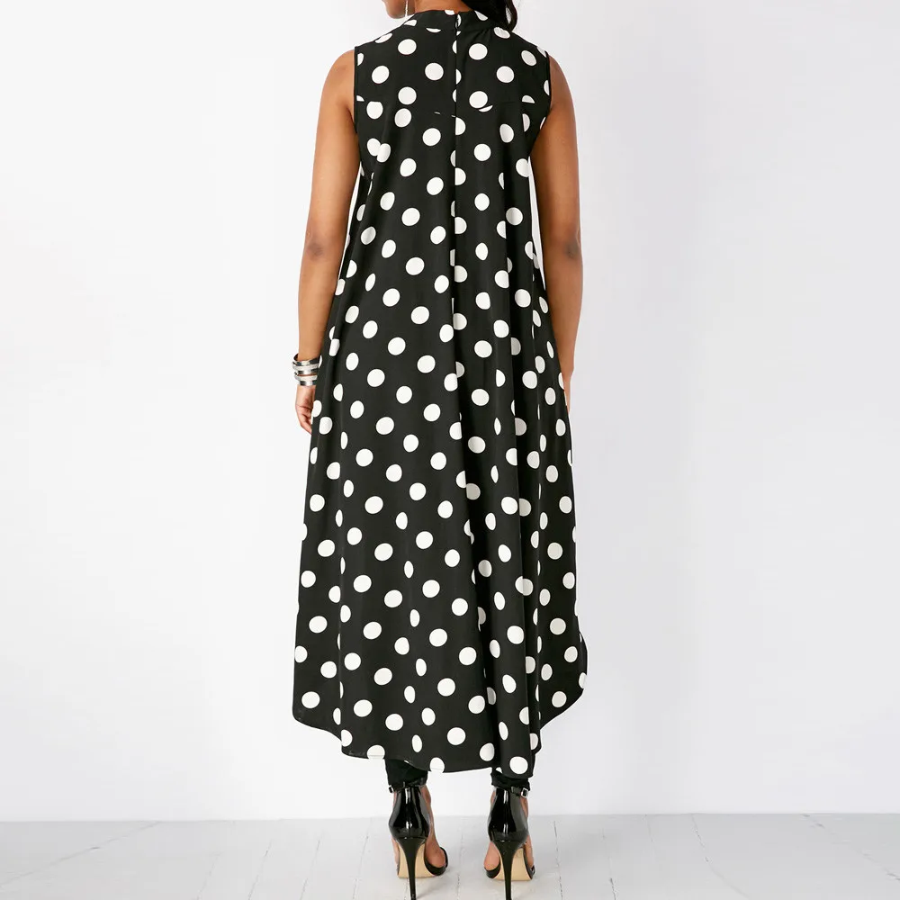 Женская шифоновая блузка в горошек повседневная черная длинная без рукавов с