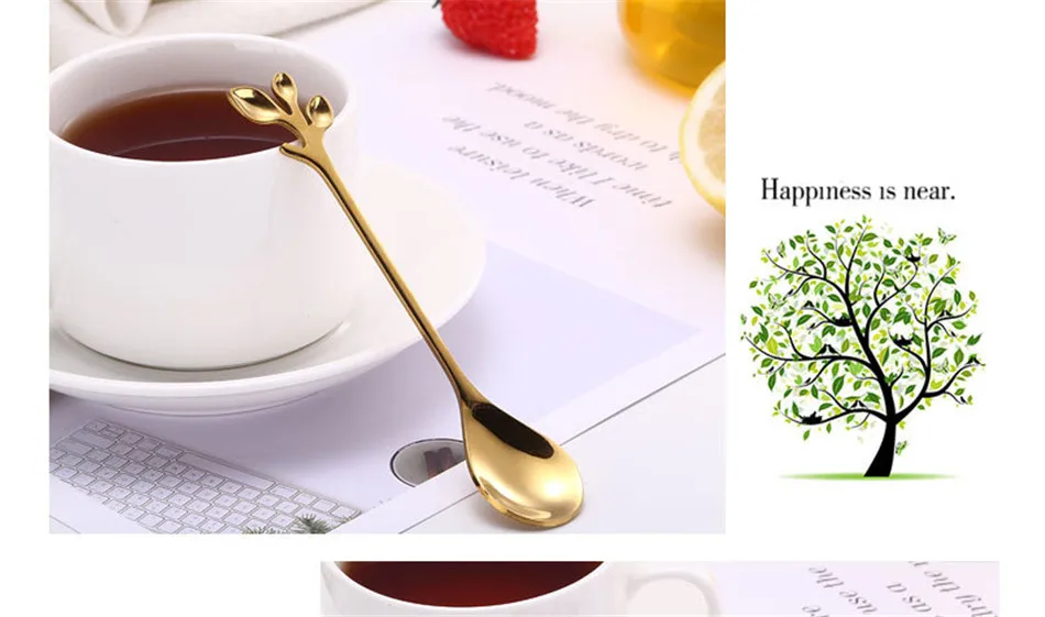 Creative Stainless Steel Fork Spoon Leaf Shape Handle Coffee Cake Dessert Ice Cream Forks Spoons Glossy Household Tableware 1pcs