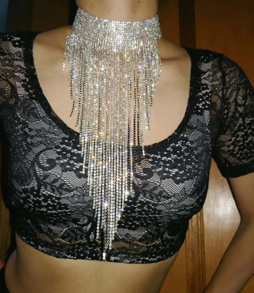 Женский горный хрусталь кристалл бахрома Чокеры Шарф Ожерелье Bling Свадебные украшения для танца живота аксессуары для танцев