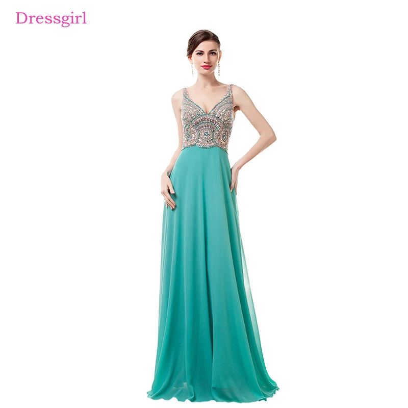 

Green Prom Dresses A-line V-neck Chiffon Beaded Crystals Backless Luxurious Long Prom Gown Evening Dresses Robe De Soiree