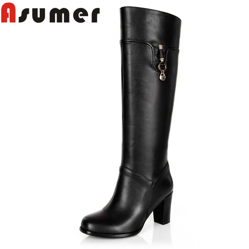 

Женские сапоги до колена ASUMER, из искусственной и натуральной кожи, на толстом каблуке, с квадратным носком, зимние сапоги, 2022