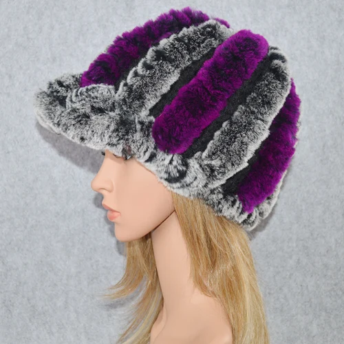 gray and purple Россия Настоящий мех кролика шапка женская зимняя вязаная натуральный мех кролика рекс шапки Брендовые женские теплые Повседневные шапки из натурального меха - Цвет: gray and purple