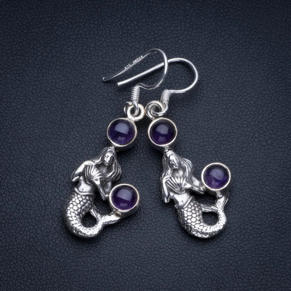 

Natural Amethyst Bohemian 925 Sterling Silver Drop Earrings 1 1/2" R2180