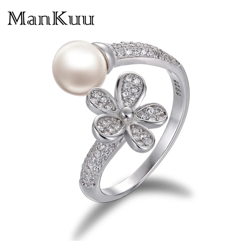 

Adjustable 925 Sterling Silver Ring 7-8mm Round Natural Freshwater Pearl Rings Cubic Zircon Sun Flower Open Rings For Women 2019