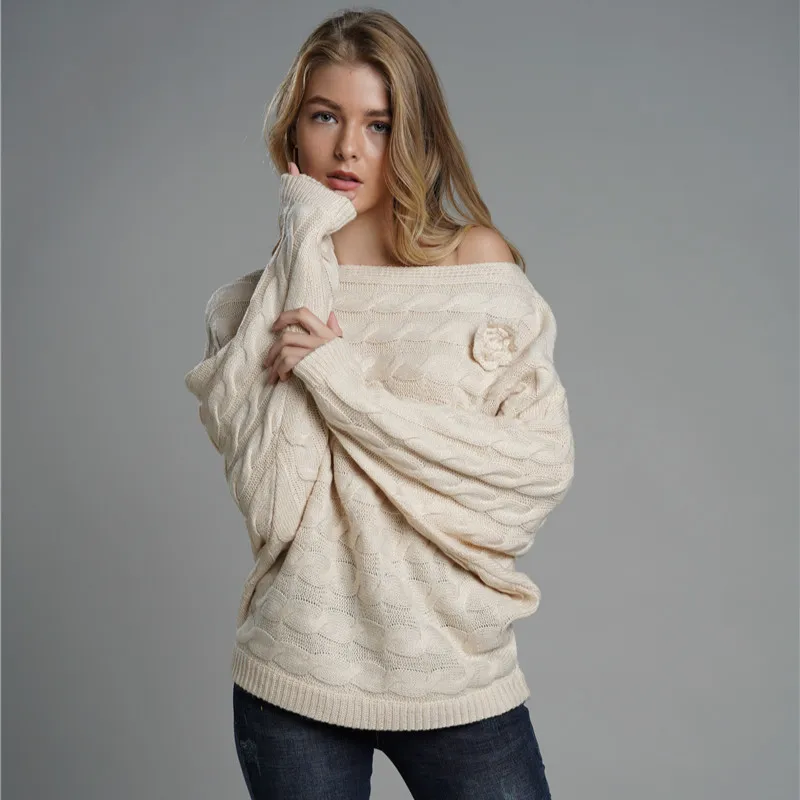 Loose Type Off the Shoulder Sweater for Women Batwing Sleeve Soft Mohair Floral Knit Pullover OL Jumpers Lavender Casual Wear | Женская