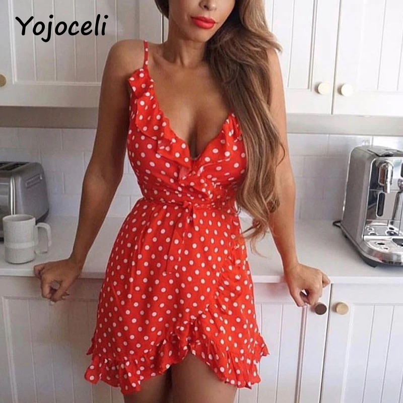 Yojoceli 2018 новый летний старт печати Раффлед сарафан для женщин v образным вырезом