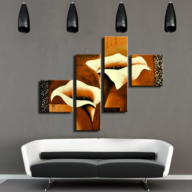 

Gold Calla Lily Oil Painting 4 Panel Flower Canvas Painting Hand Painted Abstract Flower Oil Painting for Living Room Decorative