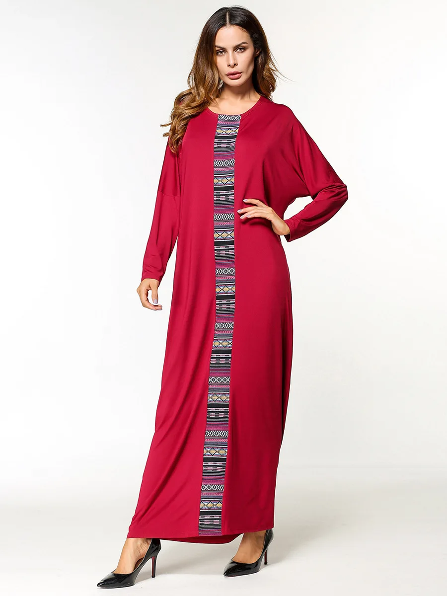 Muslim Abaya Red Cotton Embroidery Maxi Long Dress Dolman Sleeved Patchwork Kimono Jubah Robe Arab Islamic Clothing Full Length |