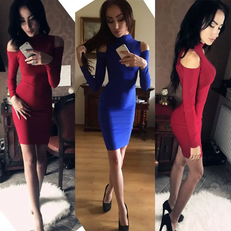 2018 Fashion Women's Solid Dresses Sexy Hollow Out Long Sleeve Turtle Neck Bodycon Strechy Party Vestidos Autumn Clothings | Женская