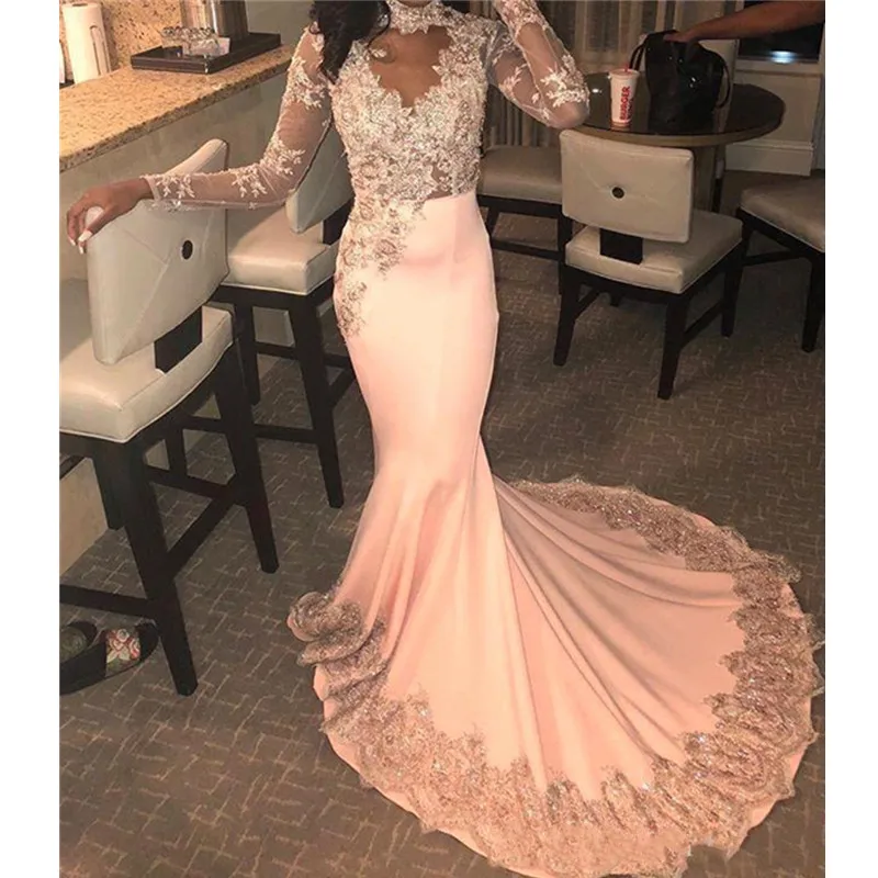 Vestidos de gala Сексуальное розовое платье для выпускного вечера с русалочкой эффект высокой шеи вечернее платье с длинным рукавом