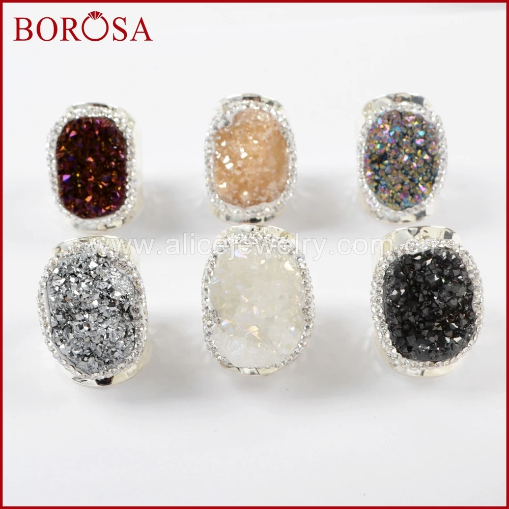 

BOROSA 5PCS Oval Natural Titanium Druzy Band Ring Silver Color Rainbow Gems Stones Rings Drusy Jewelry JAB939
