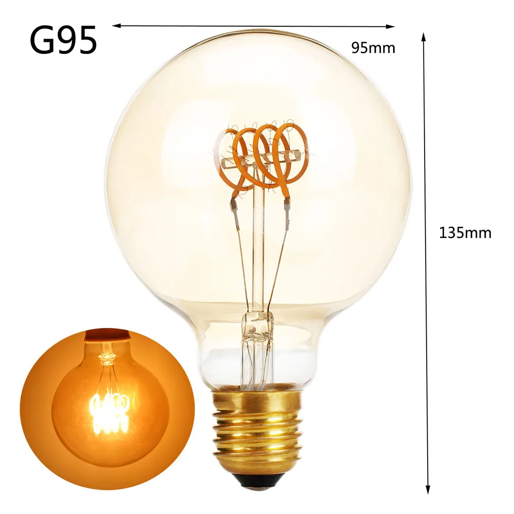 G95 диммируемая Золотая лампа Эдисона led E27 AC 220V 4W спиральная Янтарная Ретро