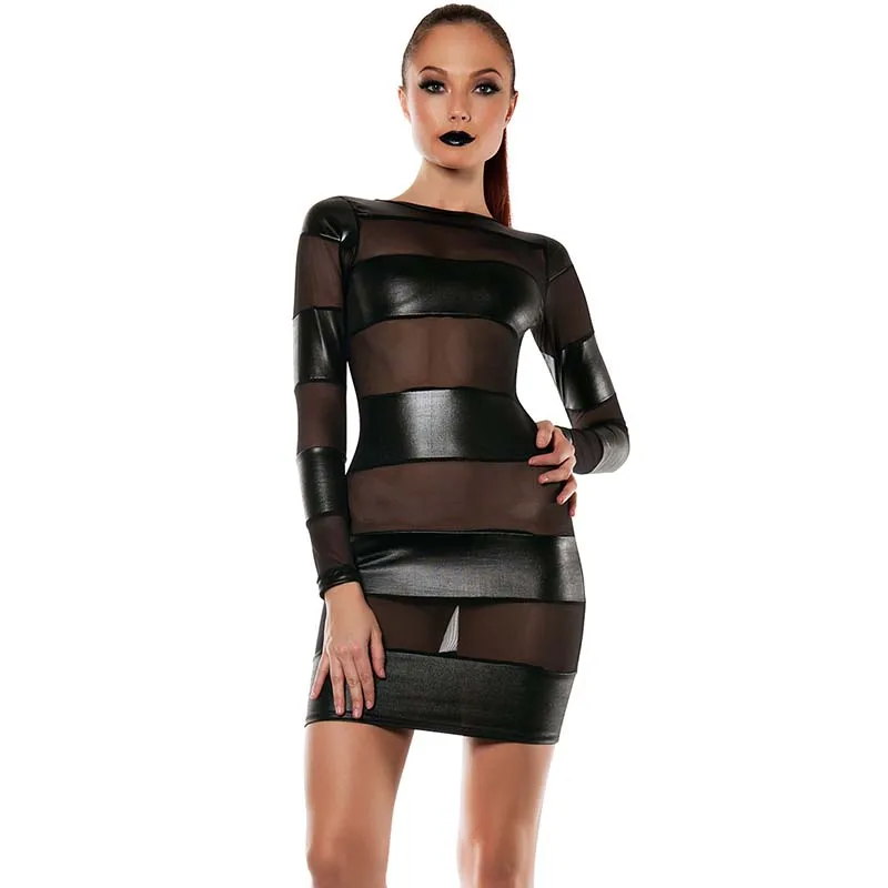 

Wonder beauty Women Banded Bodycon woman sexy fashion black faux leather vestido dress Kleid Mesh robe W850511