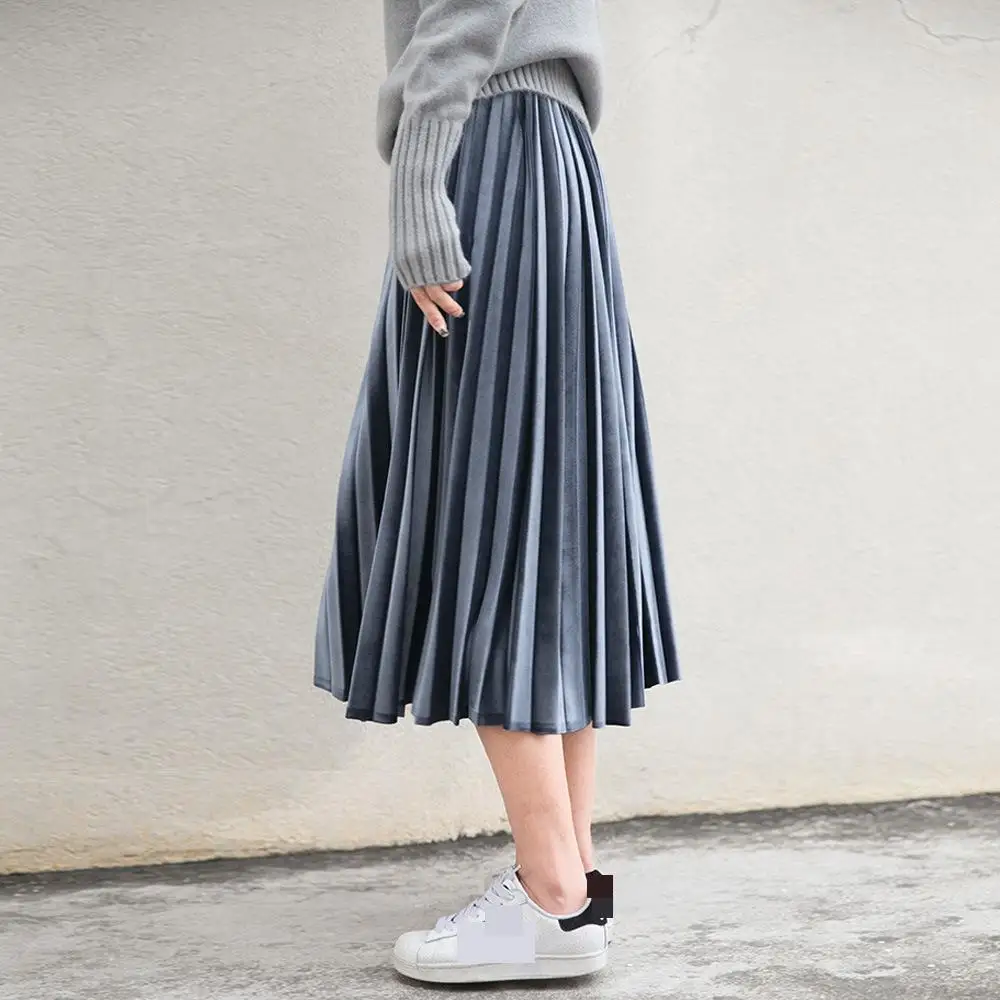 

2023 Spring New Arrival 6 Colors Available Faldas Largas Elegantes Velvet Vintage Skirt Simple Pleated Skirt Free Shipping