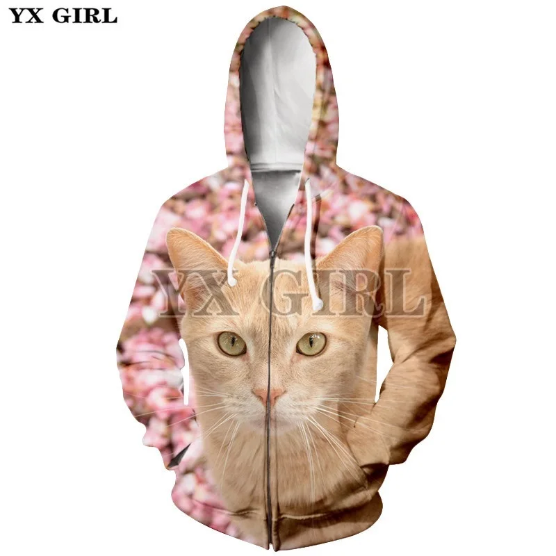 YX Girl, женские толстовки с 3D принтом милого кота на молнии, Повседневная Толстовка с капюшоном, Женская толстовка с принтом милого кота, куртка на молнии, дропшиппинг