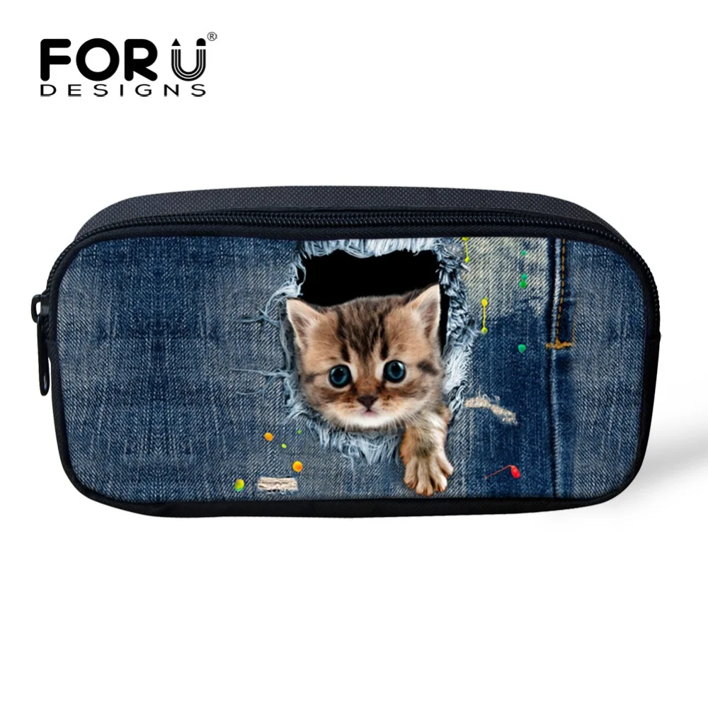 FORUDESIGNS/женская косметичка из денима с кошкой дамская животными детская ручка