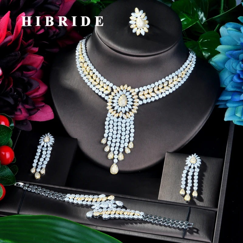?? HIBRIDE ビッグ 4 本フルマイクロキュービックジルコニア女性ウェディングドレスチョーカーネックレスイヤリングジュエリーセットウェディング N-863