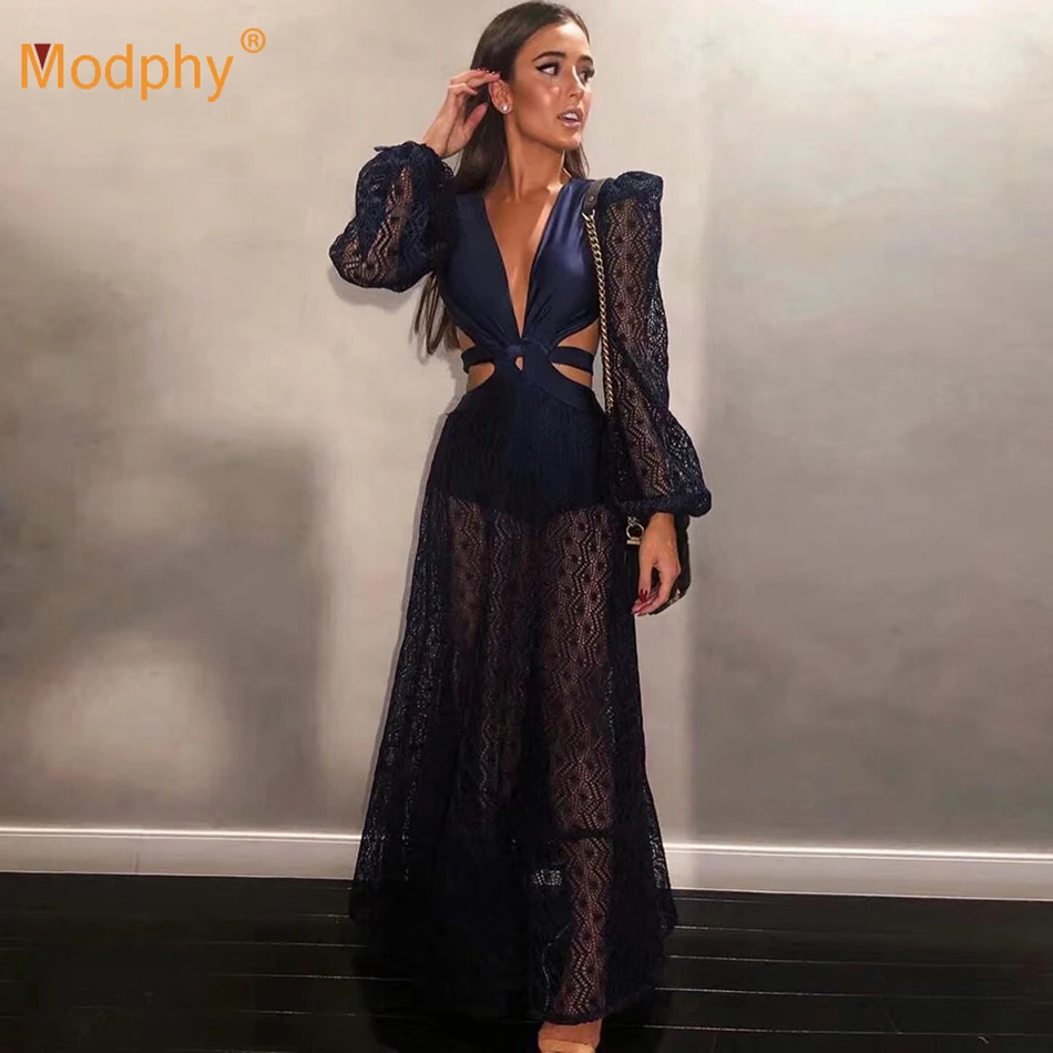 2019 летнее новое женское сексуальное темно синее длинное платье с длинным рукавом