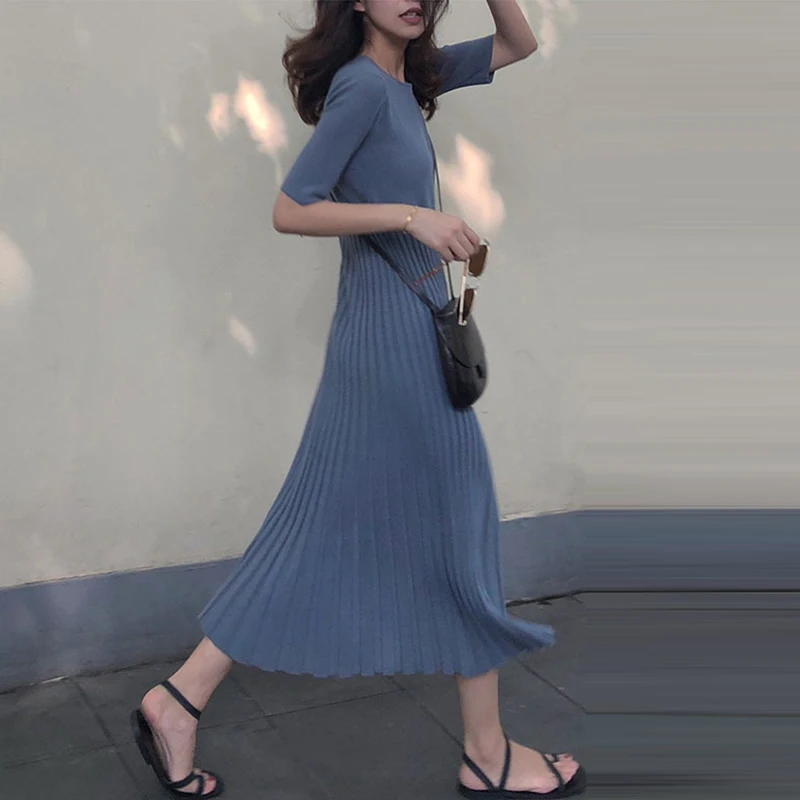 Slim Femme Fashion O-Neck Knit Pleated Dress 2018 Spring Autumn Sweater StreetWear Ladies Office Solid Color Long | Женская одежда