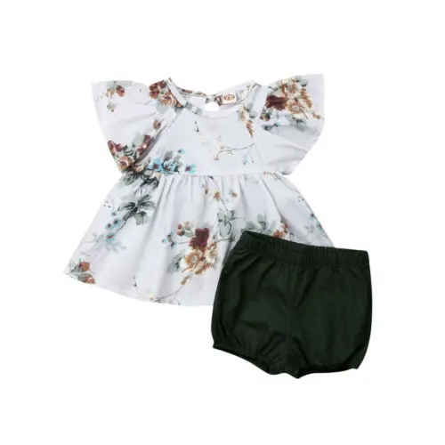 Зеленый Summer 2PCS Newborn Baby Girl Floral Printed Fly Sleeve Tops Skirt+Solid Color Shorts Clothes Outfits Sunsuit - Цвет: Зеленый