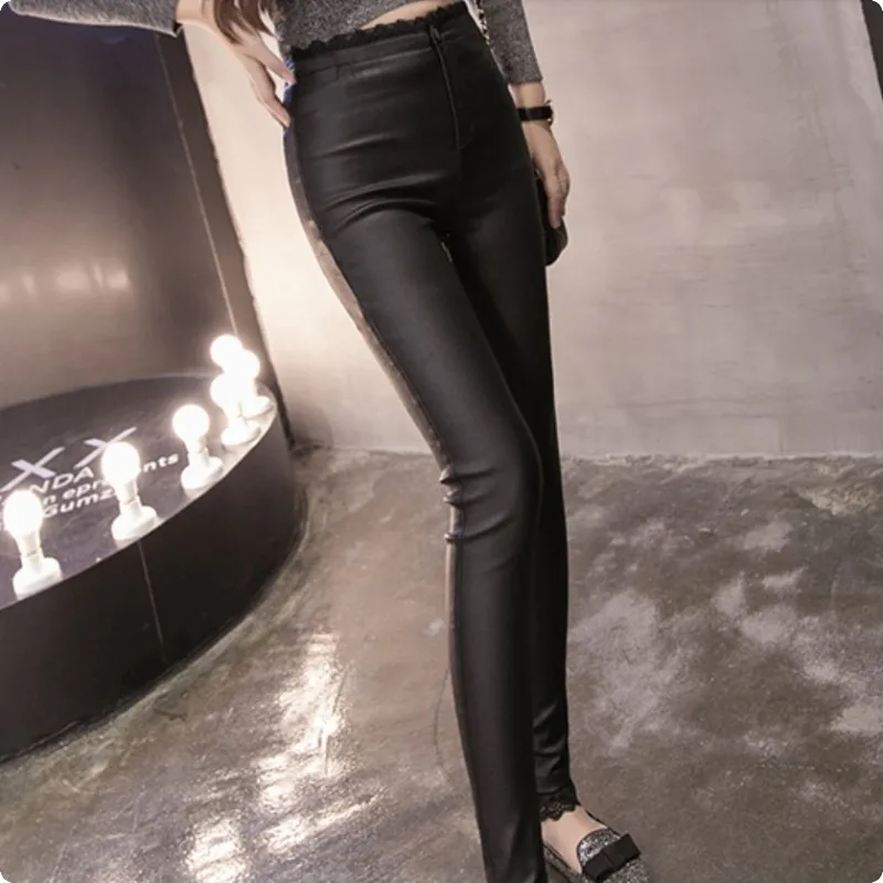 Женские кружевные брюки из искусственной кожи Осенние облегающие с высокой