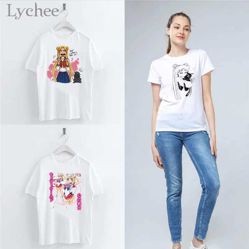 Lychee Harajuku Сейлор Мун мультфильм Печать Женская футболка повседневная с коротким рукавом o-образным вырезом белая футболка женский топ