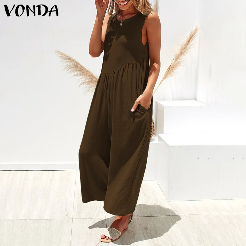 Женские комбинезоны VONDA, летние сексуальные однотонные Свободные Комбинезоны без рукавов, повседневные широкие длинные штаны, брюки