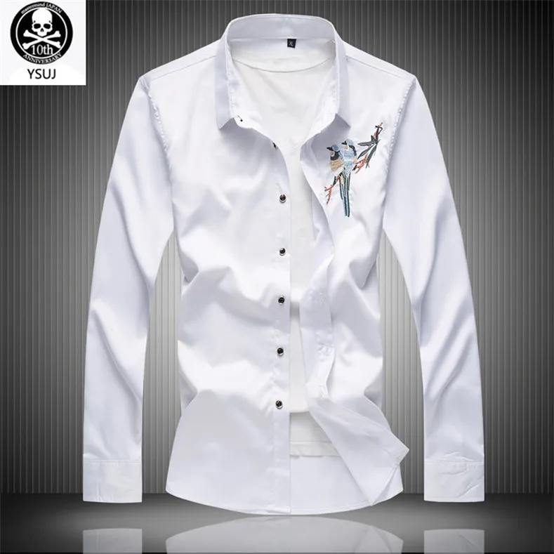 Рубашка мужская с длинным рукавом приталенная блуза из хлопка вышивкой в
