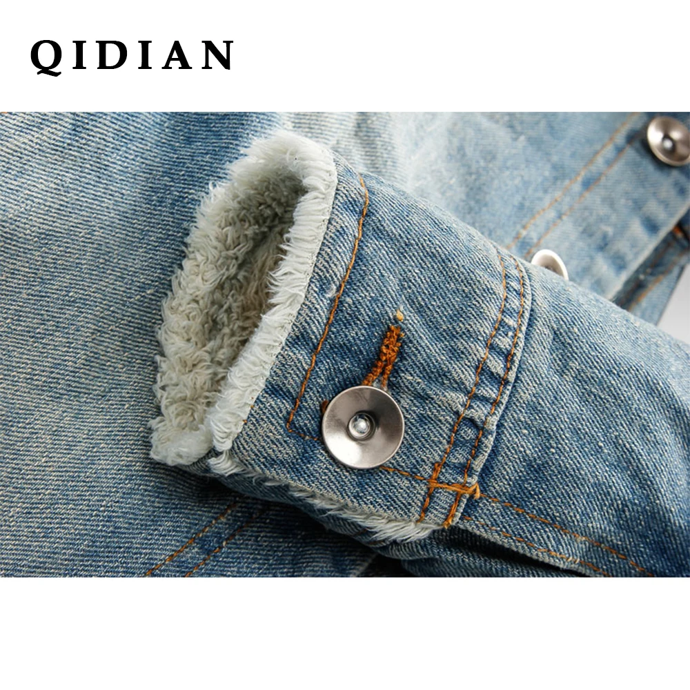 QI DIAN/2018 модная зимняя теплая джинсовая куртка с меховым воротником приталенная