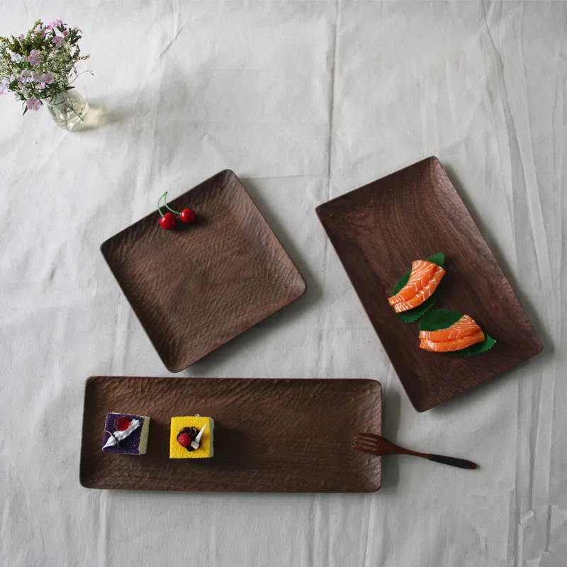 

Japan Style Handmade Wooden Serving Trays for Fruits/Dessert Eco Black Walnut Whole Wood Cake Plate Tea/Coffee Trays Tableware