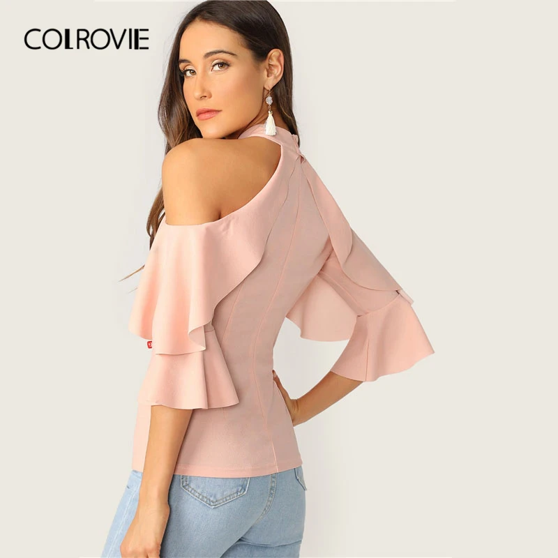 Женская блузка с рюшами COLROVIE розовая Элегантная лямкой на шее и Расклешенным