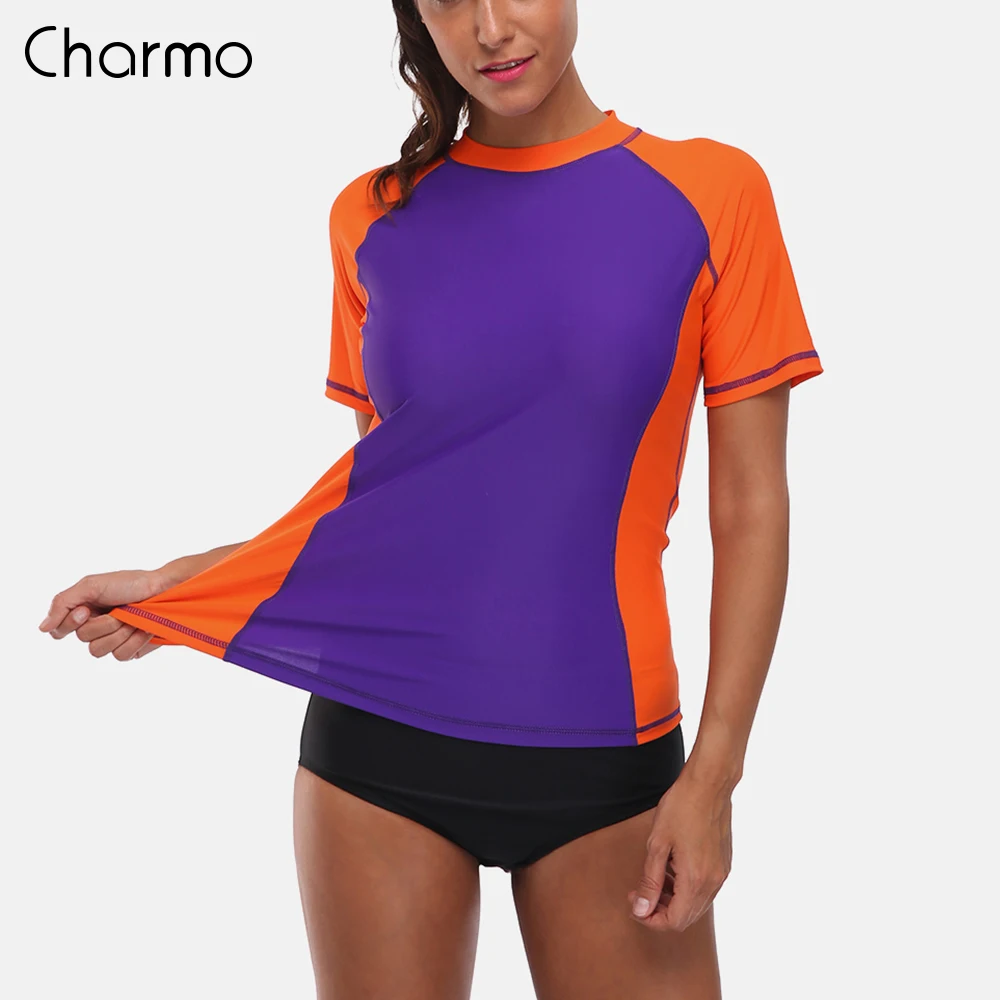 Женские рубашки Charmo с коротким рукавом топ для серфинга UPF 50 + рубашка бега езды на