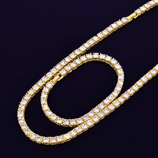 Gold set 1 ряд 5 мм теннисное ожерелье и браслет набор золото серебро цепочка чокер со стразами мужские хип хоп уличные рок ювелирные изделия 1" 18" - Окраска металла: Gold set