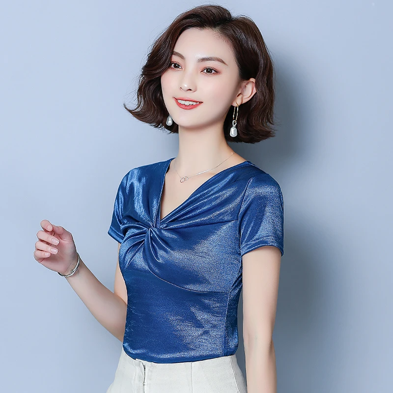 

Silk Short Sleeve T-shirts New Summer Sexy V-Neck Ice Silk Slim Women Tops Shirts Fashion Black Stretch Satin Female T-shirts
