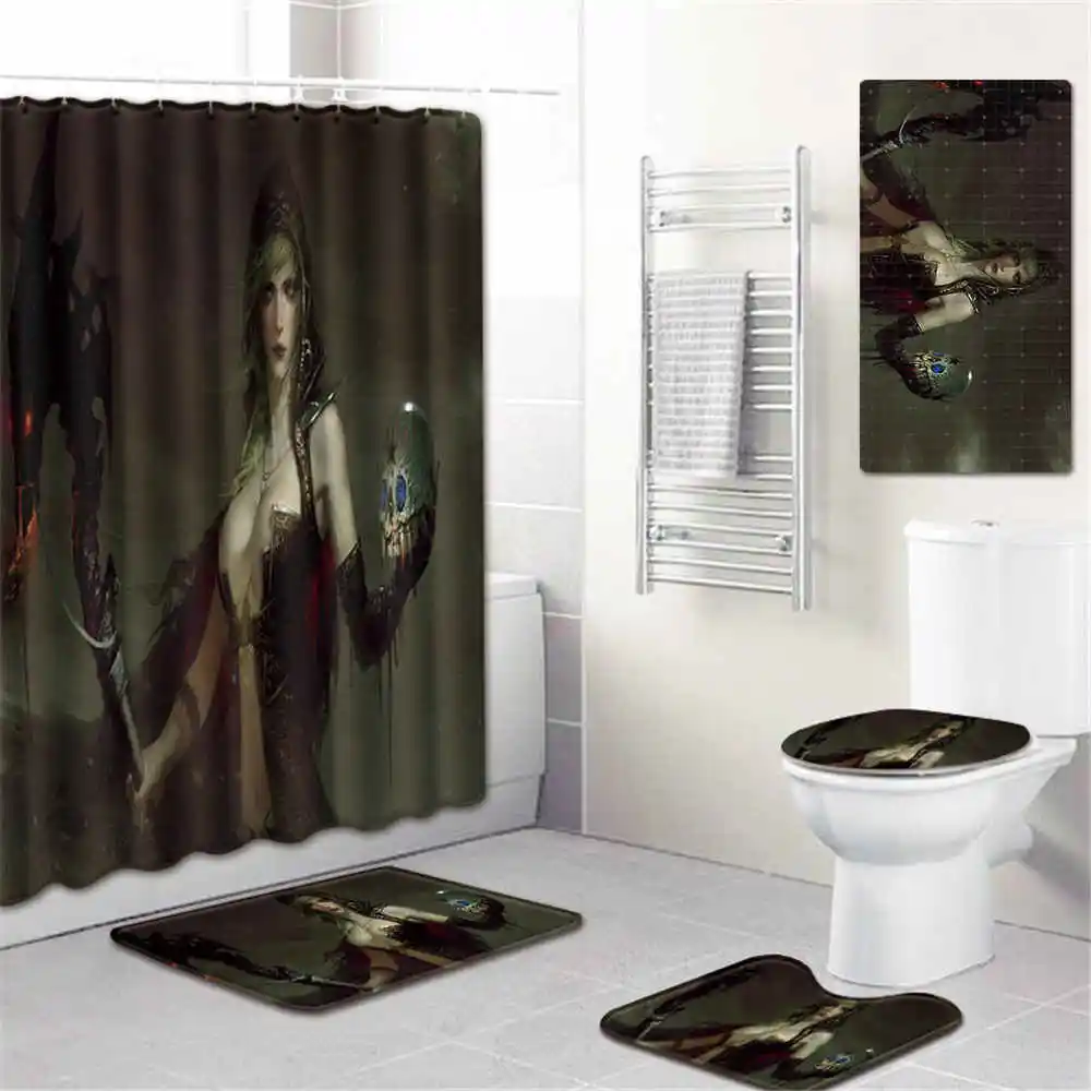 5Pcs/Set 3D Skull Shower Curtain Bath Rug Set Toilet Cover Bath Mat Set Bathroom Accessories Curtains With Hooks - Цвет: No-1