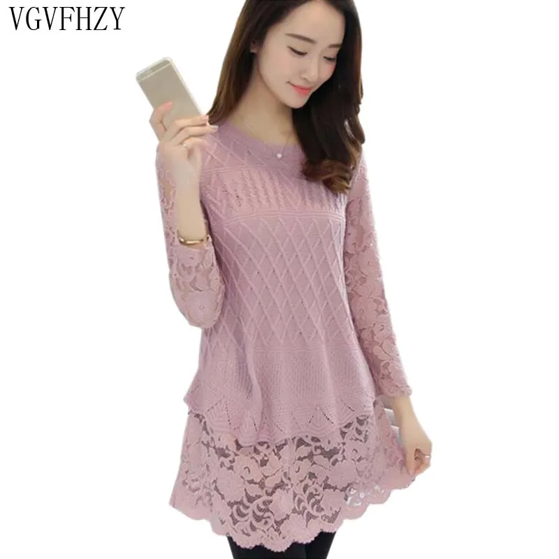 New 2018 Autumn winter Women Sweater Lace Patchwork Bottoming Shirt Fashion Long Sleeve O-neck Loose LY1305 | Женская одежда