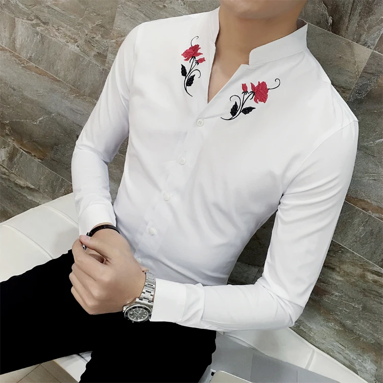 Рубашка с цветочной вышивкой, Camisa Hombre, Клубные, вечерние, свадебные, Chemise Homme Camisa Masculina, рубашка с длинным рукавом, мужская одежда