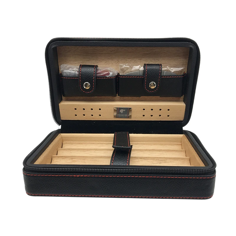 

COHIBA Black Leather Cedar Lined Cigar Case Cigarette Humidor with Cutter & Lighter Cugar Scissor for smoking